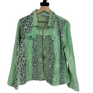 Vintage Y2K Emma G Womens Green Paisley Animal Print Button Up Jacket Top Size L